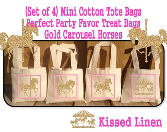 Gold Pink Carousel Horses Birthday Party Favor Treat Gift Mini Cotton Totes Bags Children Kids - Set of 4