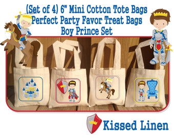 Fairytale Prince Birthday Treat Favor Bags Mini Cotton Totes Children Kids Guests Prince Party Favor Treat Gift Bags - Set of 4