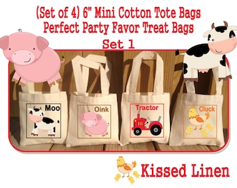 Barnyard Farm Animals Party School Field Trip Treat Favor Gift Bags Small Mini Cotton Totes Kids Children Bags - Sets of 4 or 8