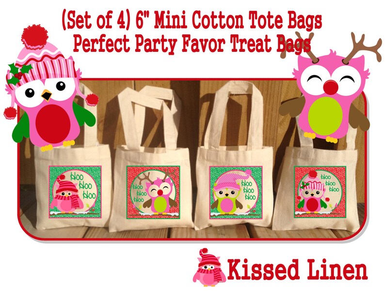 Pink Christmas Owls Treat Favor Bags Mini Cotton Totes Children Kids Guests Christmas Favor Treat Gift Bags Set of 4