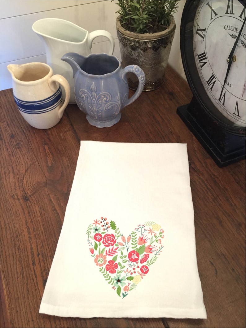 Valentine's Day Floral Heart White Flour Sack Hand Towel Tea Towel Dish Towel Bathroom Hand Towel Valentine Gift Mom Grandmother Kitchen image 1