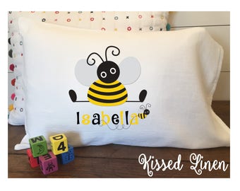 Personalized Cute Bumblebee on White Toddler Travel Pillowcase Soft 100% Cotton Flour Sack Fabric -Choice of Edging (Hemmed or Ruffled Lace)