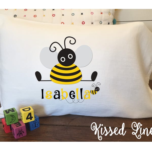 Personalized Cute Bumblebee on White Toddler Travel Pillowcase Soft 100% Cotton Flour Sack Fabric -Choice of Edging (Hemmed or Ruffled Lace)