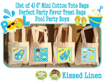 Summer Swim Pool Fun in the Sun Boys Girls Birthday Party Treat Favor Gift Bags Mini Cotton Totes Children Kids Girls Boys Set of 4 or 8