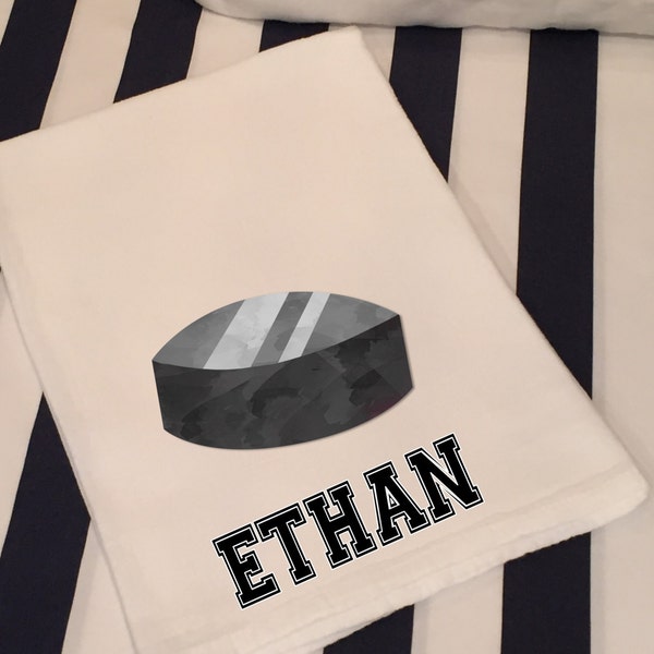 Personalized Sports Hockey White Flour Sack Hand Towel Boys Girls Bathroom Hand Towel Birthday Party Favor Sports Gift