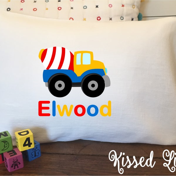 Personalized Construction Truck on White Toddler Travel Pillowcase Soft 100% Cotton Flour Sack Fabric Backhoe Concrete Dump Tow Truck Pillow