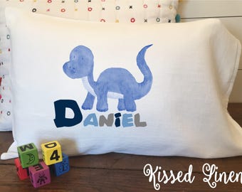 Personalized Blue Dinosaur on  White Toddler Travel Pillowcase Soft 100% Cotton Flour Sack Fabric Boy Girl Dinosaur Pillow