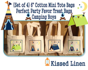 Camping Girls Boys Birthday Party Treat Favor Gift Bags Campout Camper Tent Teepee Campfire Mini Cotton Totes Children Kids