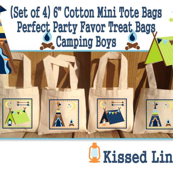 Camping Girls Boys Birthday Party Treat Favor Gift Bags Campout Camper Tent Teepee Campfire Mini Cotton Totes Children Kids
