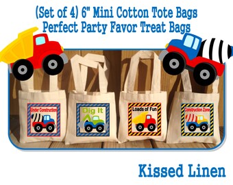 Construction Trucks Treat Favor Bags Mini Cotton Totes Children Kids Guests Construction Trucks Favor Treat Gift Bags - Set of 4
