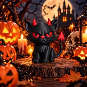 Può includere: Una statuetta di gatto nero con corna da diavolo rosse, occhi rossi, naso rosso e coda con punta rossa. Il gatto ha un'espressione facciale severa ed è seduto in posizione eretta. La figura è realizzata in materiale opaco con un design liscio.