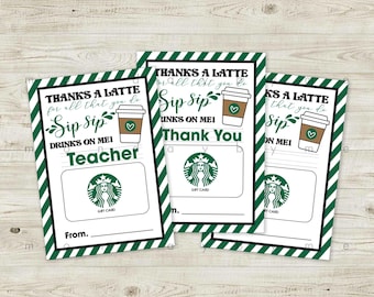 Thanks a Latte STARBUCKS Gift Card Holder | Printable Appreciation Gift | COFFEE gift card holder | for Teacher | for all