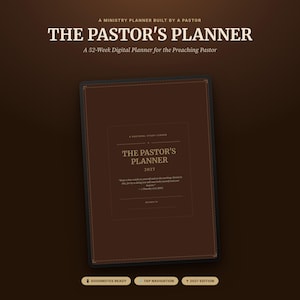 May include: A digital tablet displaying a brown cover for The Pastor's Planner 2027. The text reads: A Ministry Planner Built by a Pastor, The Pastor's Planner, A 52-Week Digital Planner for the Preaching Pastor, A Pastoral Study Ledger, 2027.