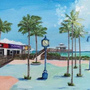 May include: An acrylic painting of a coastal boardwalk scene featuring a blue clock tower, several tall palm trees, a wooden pier extending into the turquoise ocean, and a building with a red and purple facade under a bright blue sky.
