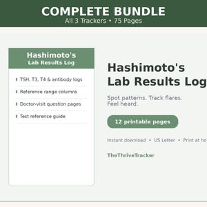May include: A digital Hashimoto's Lab Results Log bundle featuring 75 pages across 3 trackers. The document includes TSH, T3, T4, and antibody logs, reference range columns, doctor-visit question pages, and a test reference guide in a green theme.