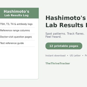 Puede incluir: Un registro digital de resultados de laboratorio de Hashimoto con 12 páginas imprimibles. El documento presenta un encabezado verde, fondo blanco y texto que incluye registros de TSH, T3, T4 y anticuerpos, columnas de referencia y guías.