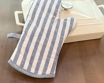 Handmade Quilted Oven Mitt: Blue & White Linen Stripes