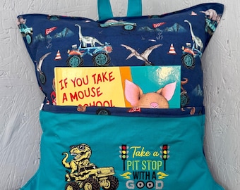 Boys Reading Pillow-Dinosaur race car/truck print reading pillow-reading pillow