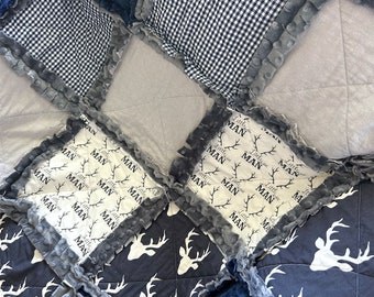 Woodland Rag Quilt: Navy Gingham, Deer Applique, Minky Baby Boy Quilt