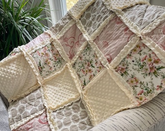 Handmade to order vintage floral rag quilt in cream and pink tones