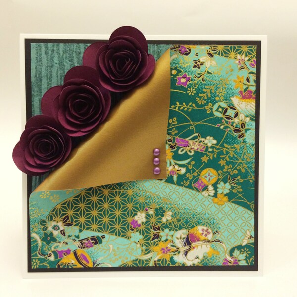 Teal and Purple Japanese Washi paper card with flowers, blank for any occasion