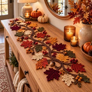 Peut inclure: Un long chemin de table au crochet composé d'une vigne brune sinueuse ornée d'éléments sur le thème de l'automne, notamment des feuilles d'érable dans des tons rouge, orange, jaune et crème, ainsi que des baies et des glands bruns.