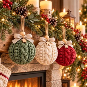 May include: Three spherical Christmas ornaments featuring a textured cable knit pattern in sage green, cream, and deep red. Each ornament is topped with a beige fabric bow, a small wooden star charm, a wooden bead, and a jute hanging loop.