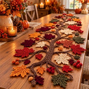 May include: A crochet table runner featuring a central brown branch design adorned with various autumn-colored leaves in shades of red, orange, yellow, cream, and green, accented with small crocheted berries and acorns.