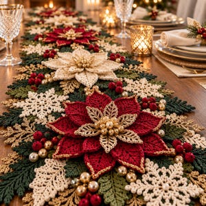 Op de afbeelding: Een lange, decoratieve tafelloper met ingewikkeld haakwerk in de vorm van rode en crèmekleurige kerststerren, witte sneeuwvlokken en groene dennennaalden, geaccentueerd met trossen kleine rode bessen en gouden kralen.