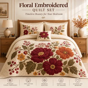 May include: A cream-coloured quilt set featuring floral embroidery with large burgundy, orange, and yellow flowers, green leaves, and red berries. The set includes a quilt, two matching pillow shams, and a small decorative accent pillow.