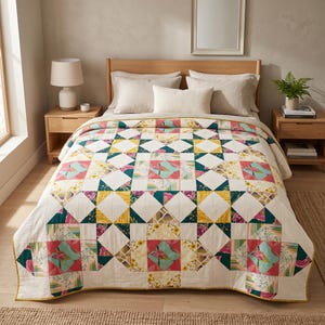Songbird Star Quiltmuster (PDF), geometrisches Rauten-Patchwork 72x72, Stoffreste mit Blumenmuster (Fat Quarters), moderner Panel-Quilt für Anfänger