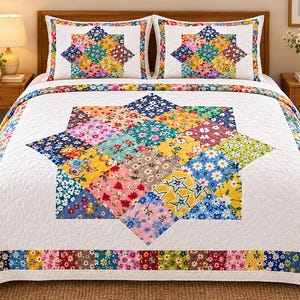 Floral Patchwork Star Quilt Pattern PDF, Colorful Bed Cover Sewing Guide