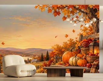 Mural de papel tapiz de calabazas otoñales, papel tapiz autoadhesivo para porche con temática de cosecha otoñal, hojas de arce y puesta de sol campestre.