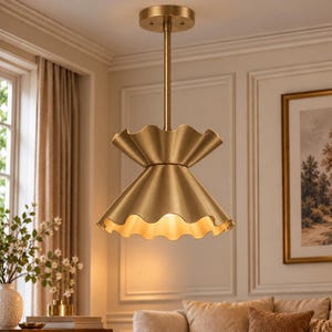 Brass Flower Pendant, Ruffled Shade Ceiling Light with Adjustable Finish and Socket Options
