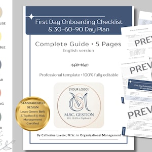 May include: A five-page First Day Onboarding Checklist and 30-60-90 Day Plan document template. The cover page features dark blue headers, white text, and a central logo area. Additional preview pages are stacked to the right with text overlays.