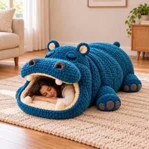 May include: A large, dark blue, crocheted hippo-shaped floor cushion with a wide, open mouth that serves as a sleeping space. The hippo features cream-colored inner ears and teeth, with dark gray accents on the nostrils and feet.