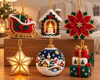 May include: Six crocheted Christmas ornaments including a red sleigh with gifts, a house with a lit candle, a red poinsettia, a glowing star, a round bauble with a snowy village scene, and a stack of three green and white gift boxes.