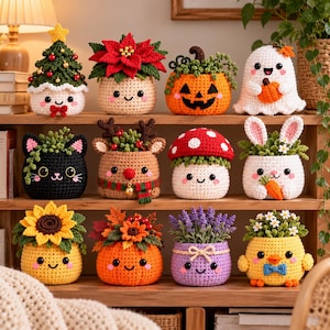 May include: A collection of twelve crocheted decorative figures arranged on shelves, including a Christmas tree, poinsettia, jack-o'-lantern, ghost, black cat, reindeer, mushroom, rabbit, sunflower, autumn pumpkin, lavender, and a yellow chick.