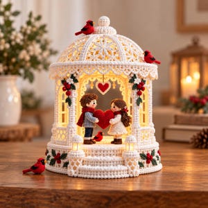 May include: A cream-colored crocheted gazebo ornament featuring a couple holding a large red heart. The structure is decorated with red cardinals, green holly leaves, and red berries, with a small red heart hanging from the center ceiling.