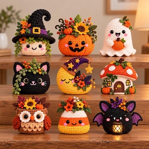 9 Amigurumi-Anleitungen: Kürbis, Geist, Hexe, Katze, Fledermaus, Eule, Mond, Pilzhaus und Zuckermais – Halloween-Häkelanleitungspaket, Herbstdeko (PDF)