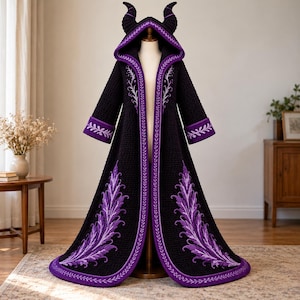 May include: A long, black hooded cloak featuring a textured knit pattern, purple trim, and large purple leaf-like embroidery along the front panels and cuffs. The hood includes two prominent, curved, horn-like structures at the top.