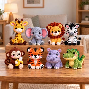 May include: A collection of eight crocheted stuffed animals including a giraffe, elephant, lion, zebra, monkey holding a banana, tiger, hippopotamus, and crocodile, all featuring round black eyes and detailed yarn textures.