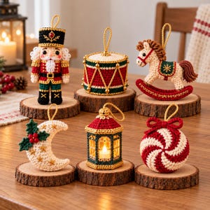 Pode incluir: Seis enfeites de Natal em crochê representando um quebra-nozes, um tambor, um cavalo de balanço, uma lua crescente com azevinho, uma lanterna iluminada e um doce, cada um sobre uma base de fatia de madeira.