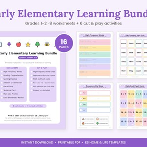 Può includere: Un pacchetto di apprendimento per la scuola primaria con 16 pagine di fogli di lavoro stampabili e attività di ritaglio per le classi 1-2. Include elenchi di parole frequenti, sequenze di storie e flashcard di matematica con bordi colorati.