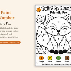 Può includere: Una pagina di attività di pittura con i numeri in bianco e nero con una volpe dei cartoni animati circondata da foglie autunnali. Il testo recita Paint by Number Friendly Fox. Una legenda dei colori in basso elenca i numeri da uno a cinque.
