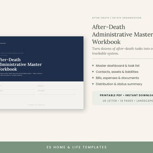 May include: A landscape-oriented After-Death Administrative Master Workbook printable PDF. The cover features a dark blue top section with white text and a light cream bottom section with lines for information. Includes 14 pages in US Letter size.