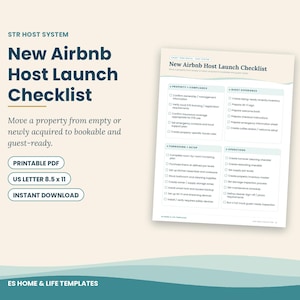 May include: A printable New Airbnb Host Launch Checklist document in A4 size. The page features sections for property compliance, guest experience, furnishing, setup, and operations with checkboxes for various host tasks and management requirements.