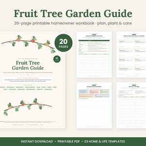 Op de afbeelding: Een 20-pagina tellend printbaar werkboek voor fruitboomtuinen met een crèmekleurige omslag, geïllustreerde fruittakken, donkergroene tekst en vier lay-outs voor binnenpagina's met tabellen voor planning, aanplant en seizoensgebonden verzorging.