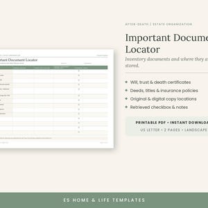 May include: An Important Document Locator template for estate organization. The document features a table with columns for document name, location, digital copy location, retrieved status, and notes. It includes text for US Letter size and PDF.