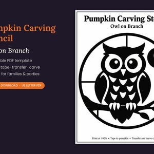 May include: A black and white pumpkin carving stencil featuring an owl perched on a branch inside a circular frame with a crescent moon. The text reads Pumpkin Carving Stencil, Owl on Branch, Printable PDF template, Print, tape, transfer, carve, Great for families & parties, INSTANT DOWNLOAD, US LETTER PDF, Print at 100%, Tape to pumpkin, Transfer and carve carefully.